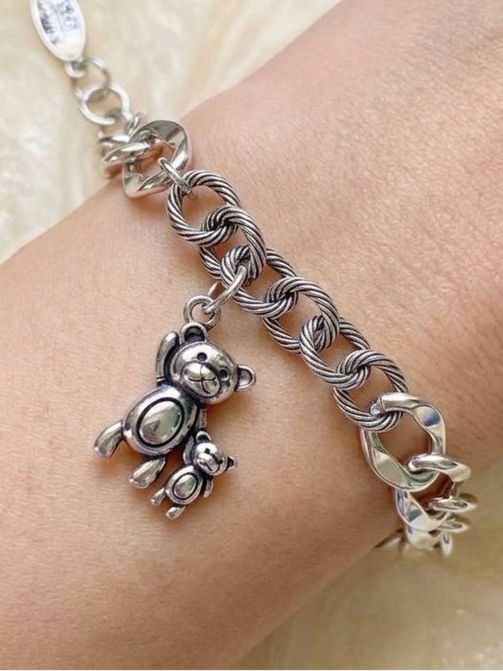Sterling Silver Link Bracelet with Teddy Bear Charms - Silver